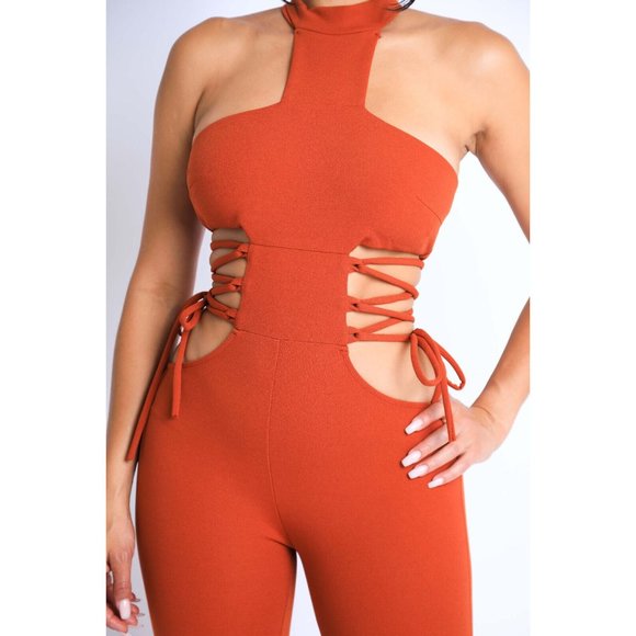 Women's Sexy Party Clubwear Cut Out Tie Detailed Grecian Neckline Jumpsuit - Picture 3 of 12